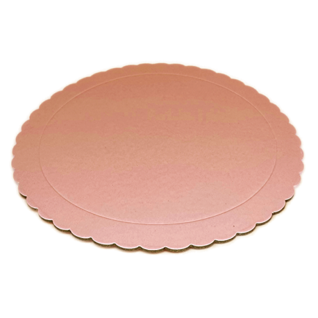 Base redonda rizada de carton rosa bebe brillante, presentacion tartas y postres