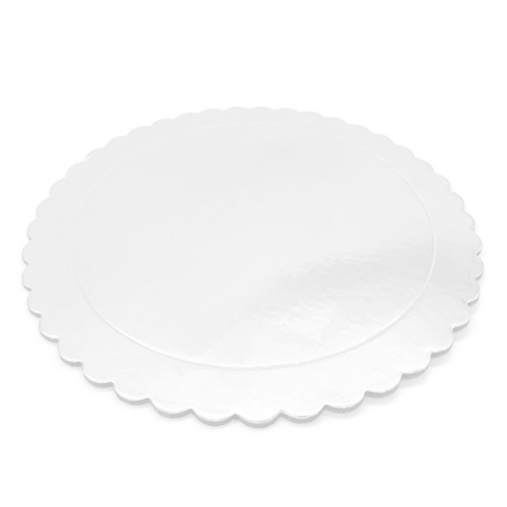 Base redonda rizada de carton blanca brillante, presentacion tartas y postres